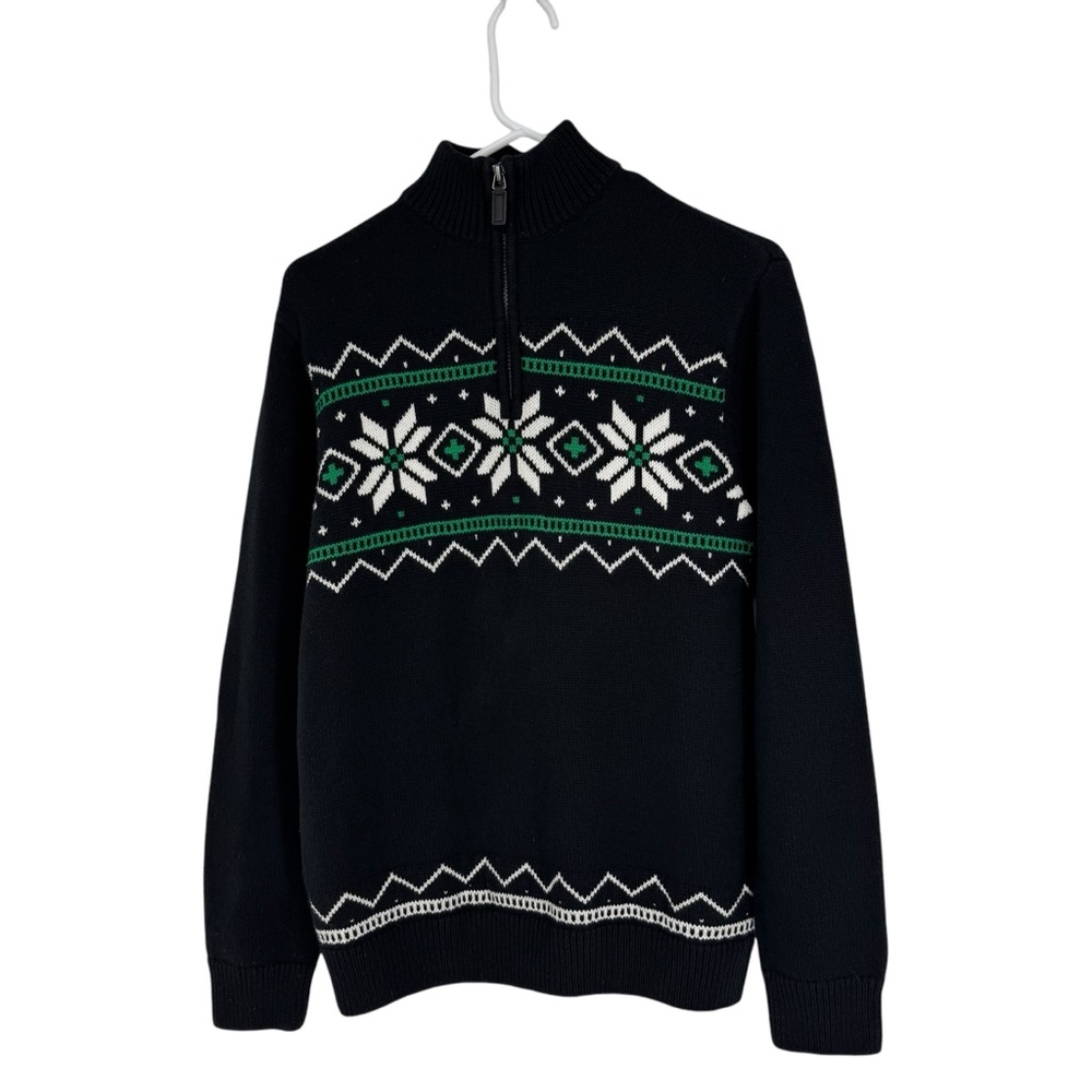 *Men’s Chaps Size Small Black/Green/White Snowflake Print 1/4 Zip Cott Sweater